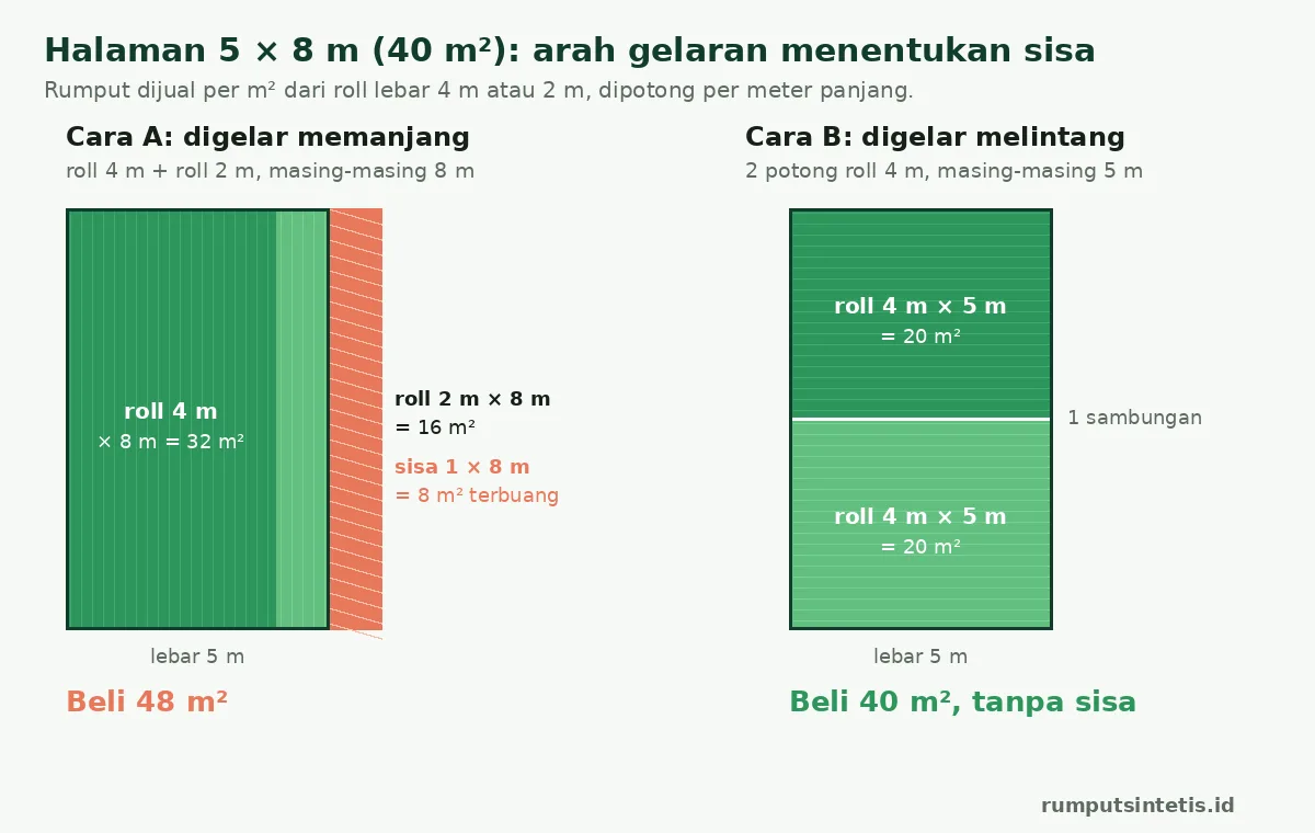 Perbandingan dua cara menggelar rumput sintetis di halaman 5 x 8 meter: beli 48 meter persegi atau 40 meter persegi