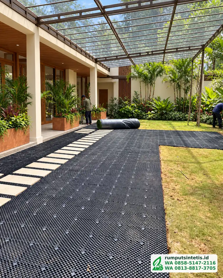 Drainage cell terpasang dan roll rumput sintetis siap digelar