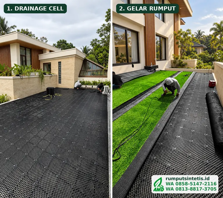 Pemasangan drainage cell di dak atap lalu rumput sintetis digelar di atasnya