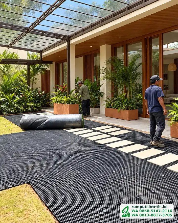 Drainage cell terpasang di taman sebelum ditutup rumput