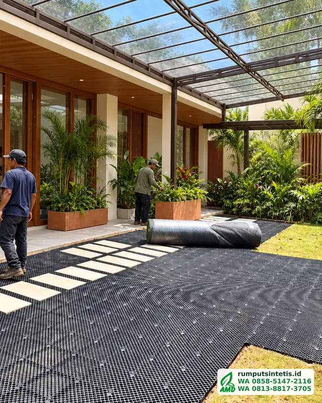 Drainage cell terpasang dan roll rumput sintetis siap digelar