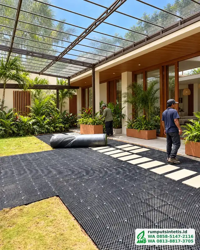 Drainage cell terpasang di bawah pergola sebelum rumput digelar