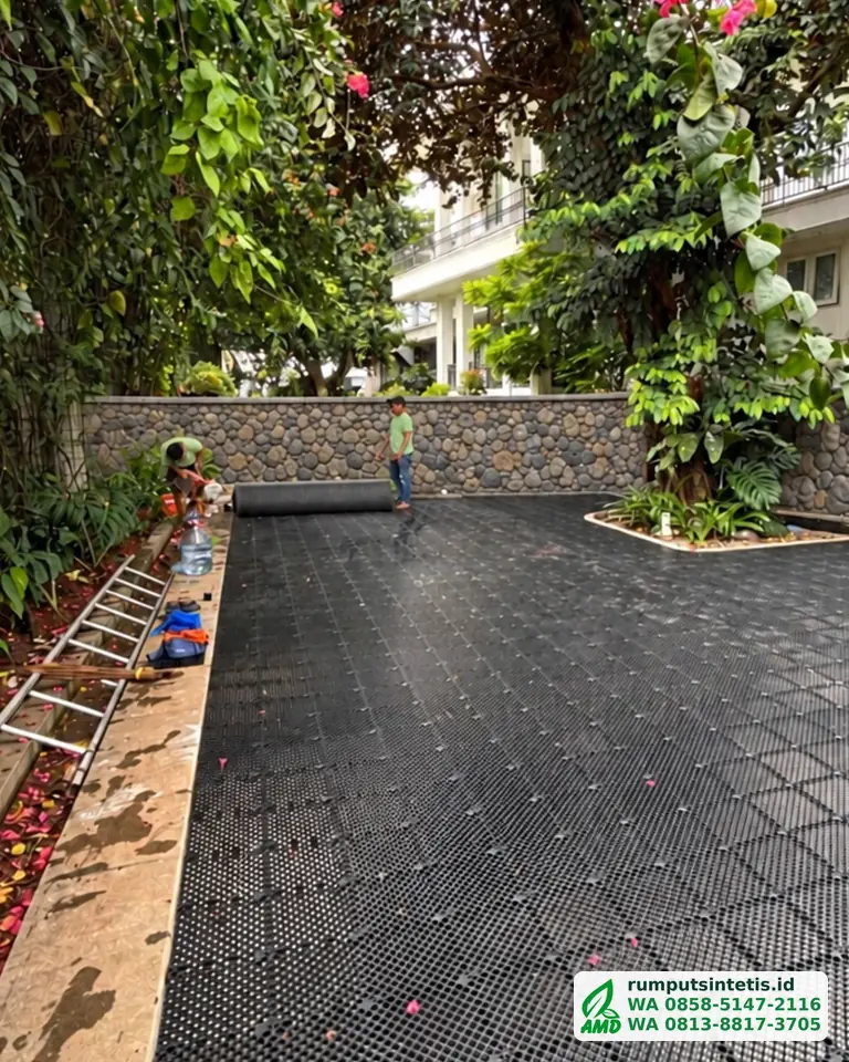 Drainage cell terpasang di halaman sebelum rumput sintetis