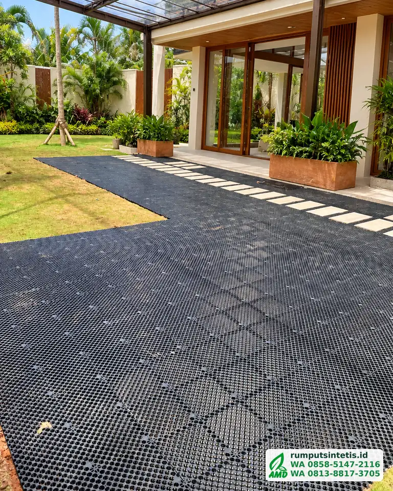 Panel drainage cell terpasang sebelum rumput sintetis digelar