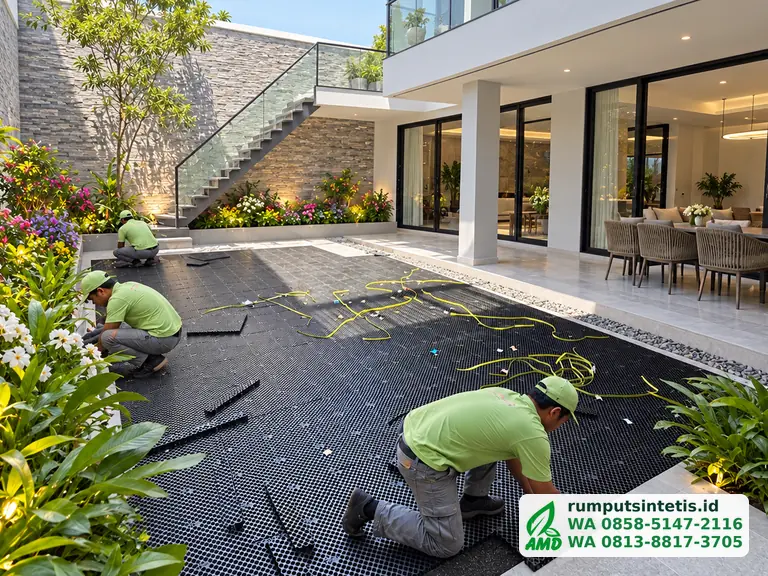 Drainage cell terpasang rapat sebelum rumput sintetis