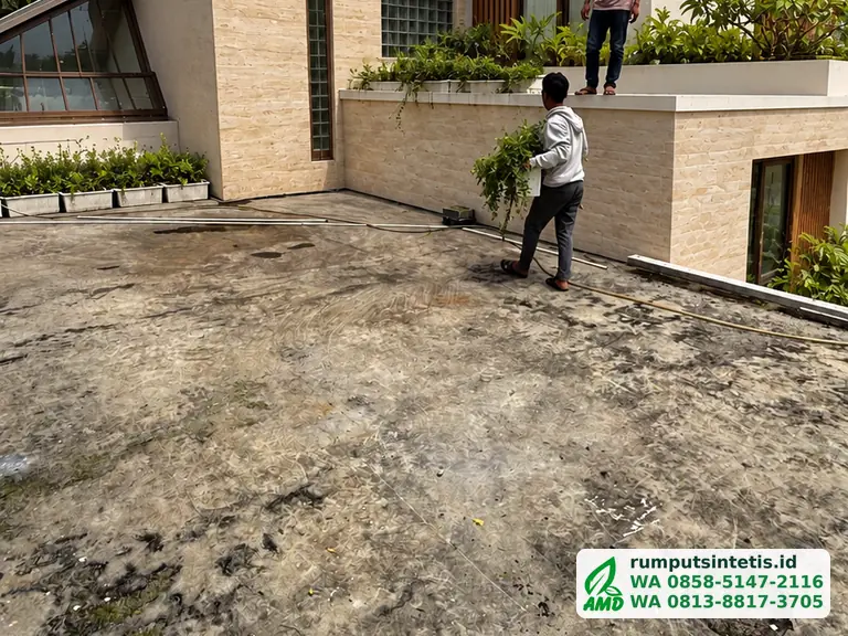Dak beton yang kotor dan berlumut sebelum dibersihkan dan dipasang drainage cell