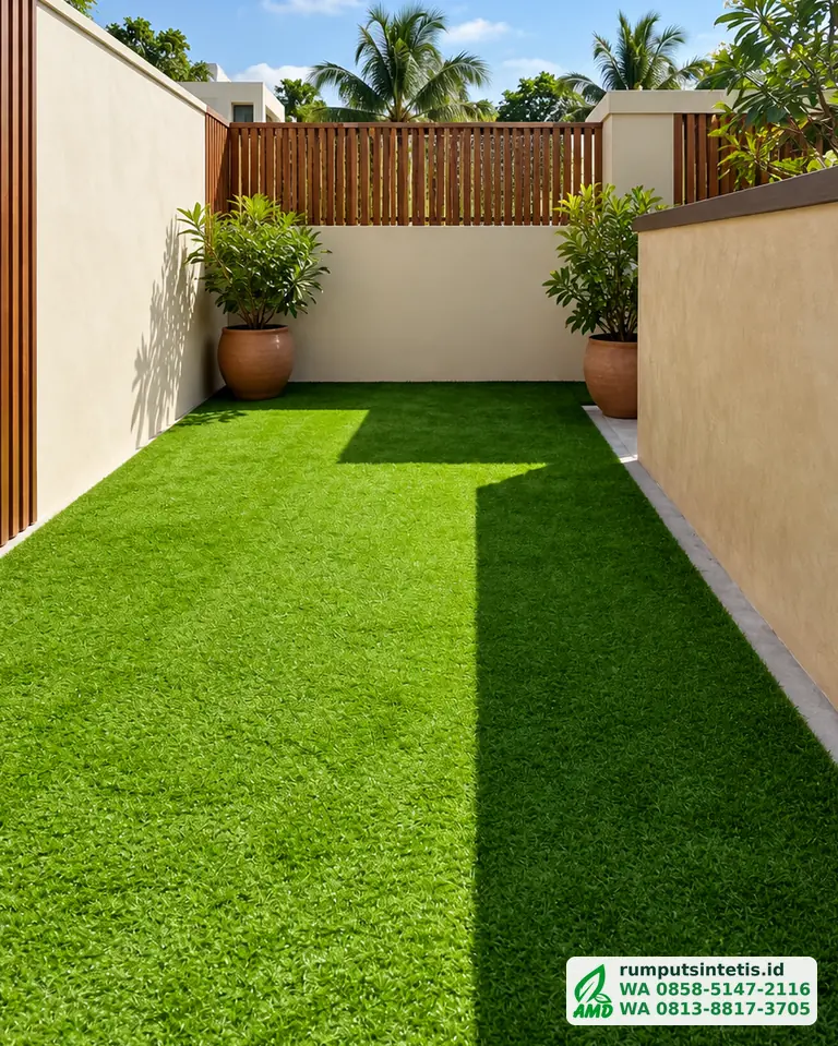 Halaman samping rumah dengan rumput sintetis hasil pemasangan tim kami
