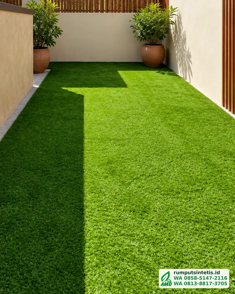 Halaman samping rumah dengan rumput sintetis Swiss