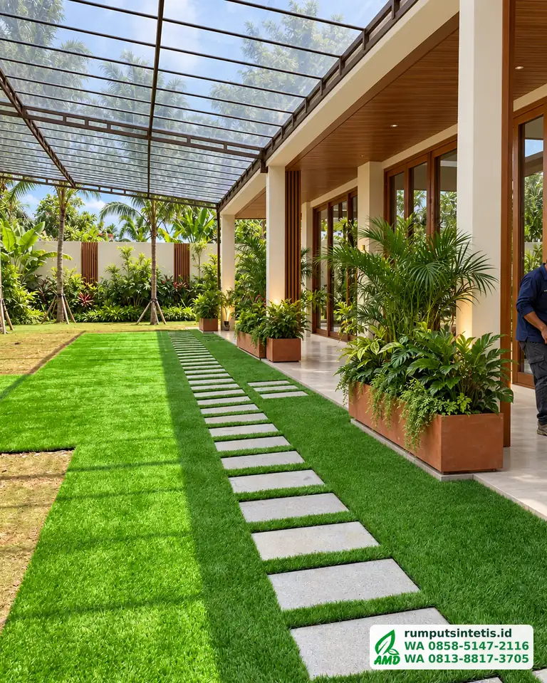 Rumput sintetis dengan jalur batu pijakan di taman tropis