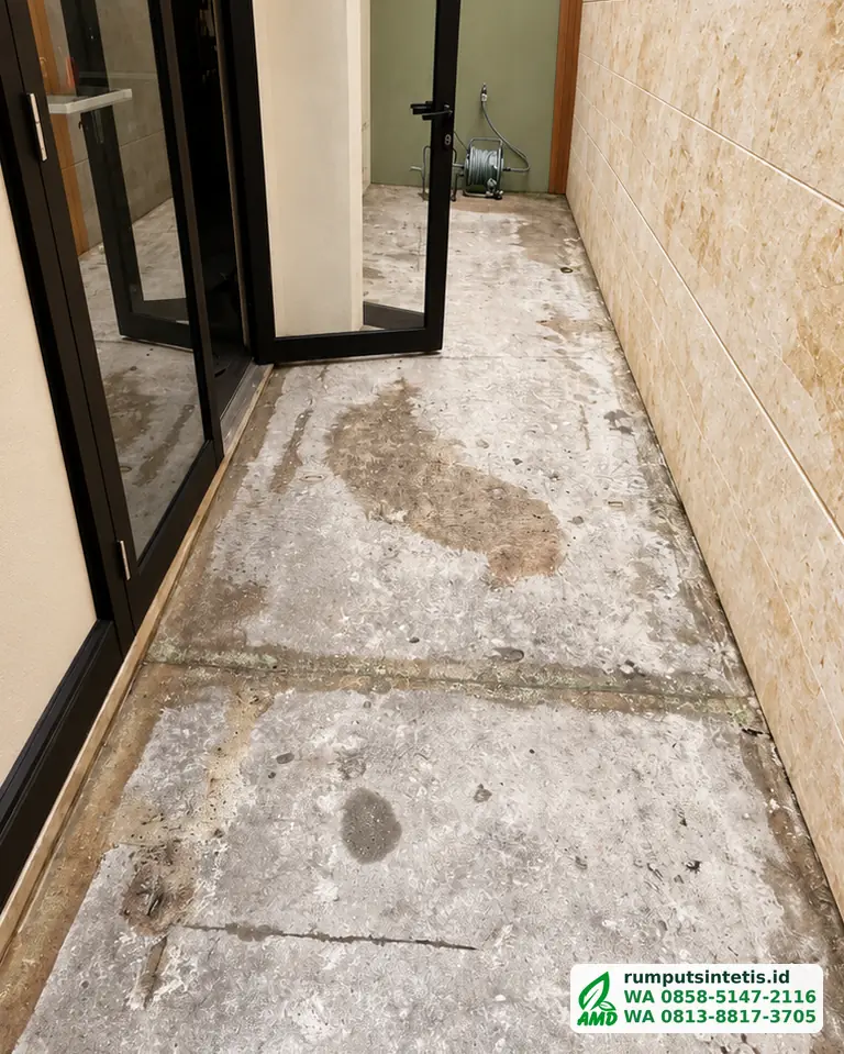 Lorong samping berlantai cor sebelum dipasang rumput sintetis