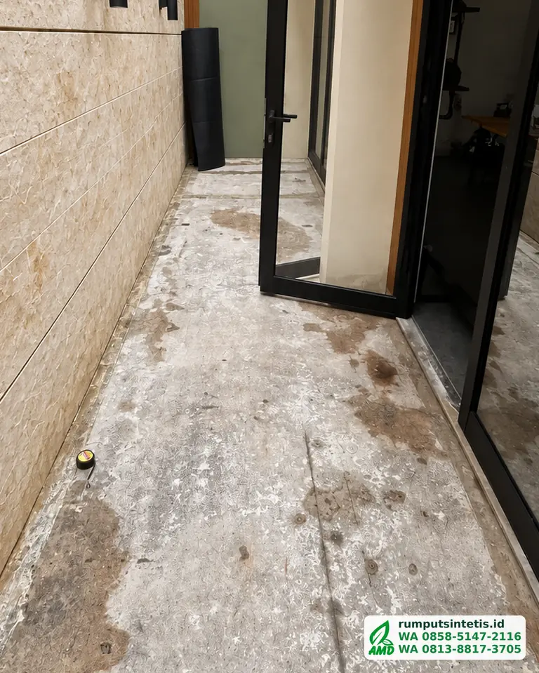 Lorong samping rumah berlantai semen sebelum dipasang rumput sintetis