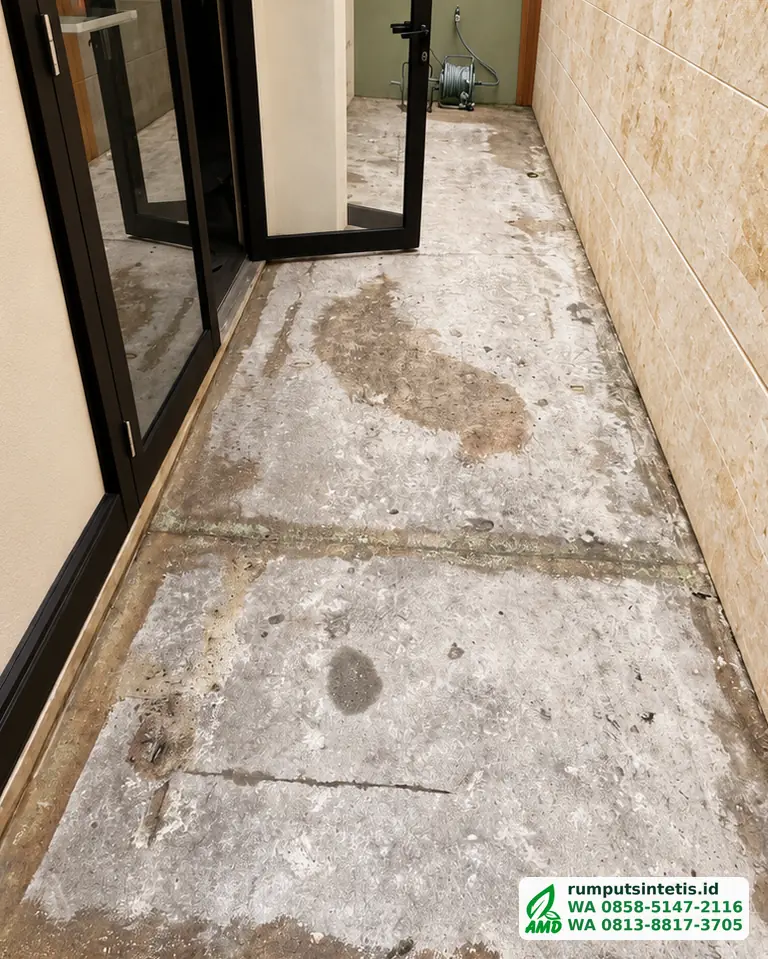 Lorong samping rumah berlantai semen sebelum dipasang rumput sintetis