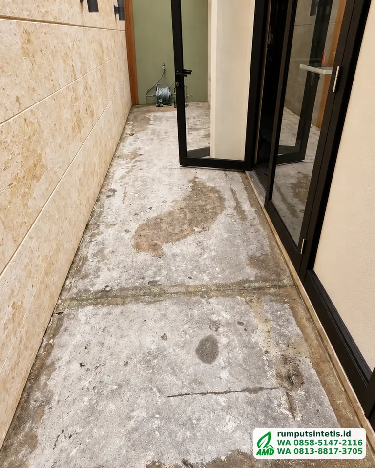 Lorong sempit berlantai semen sebelum dipasang rumput sintetis