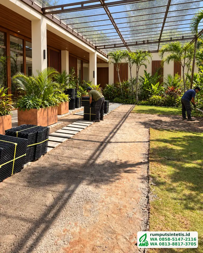 Lahan diratakan dan dipadatkan sebelum rumput sintetis dipasang
