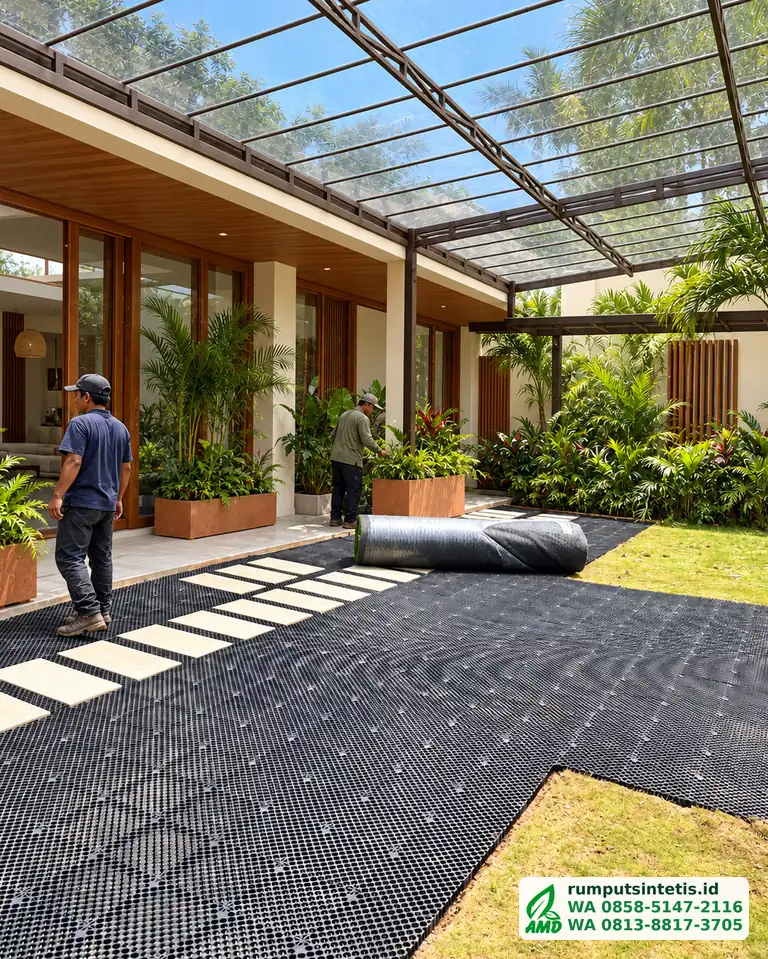 Panel drainage cell dipasang sebelum rumput sintetis digelar