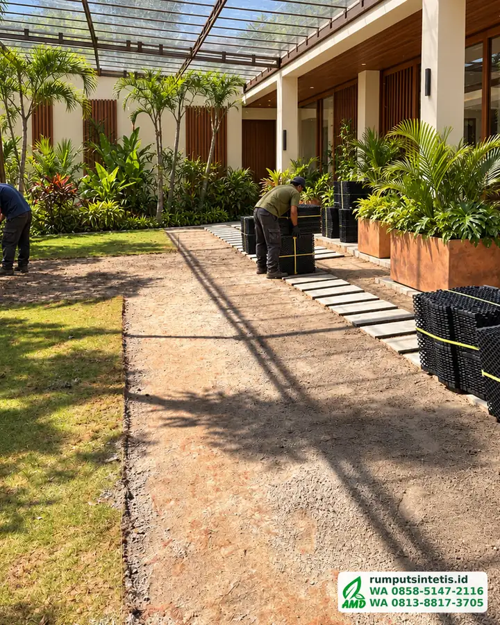 Persiapan lahan taman sebelum rumput sintetis dipasang