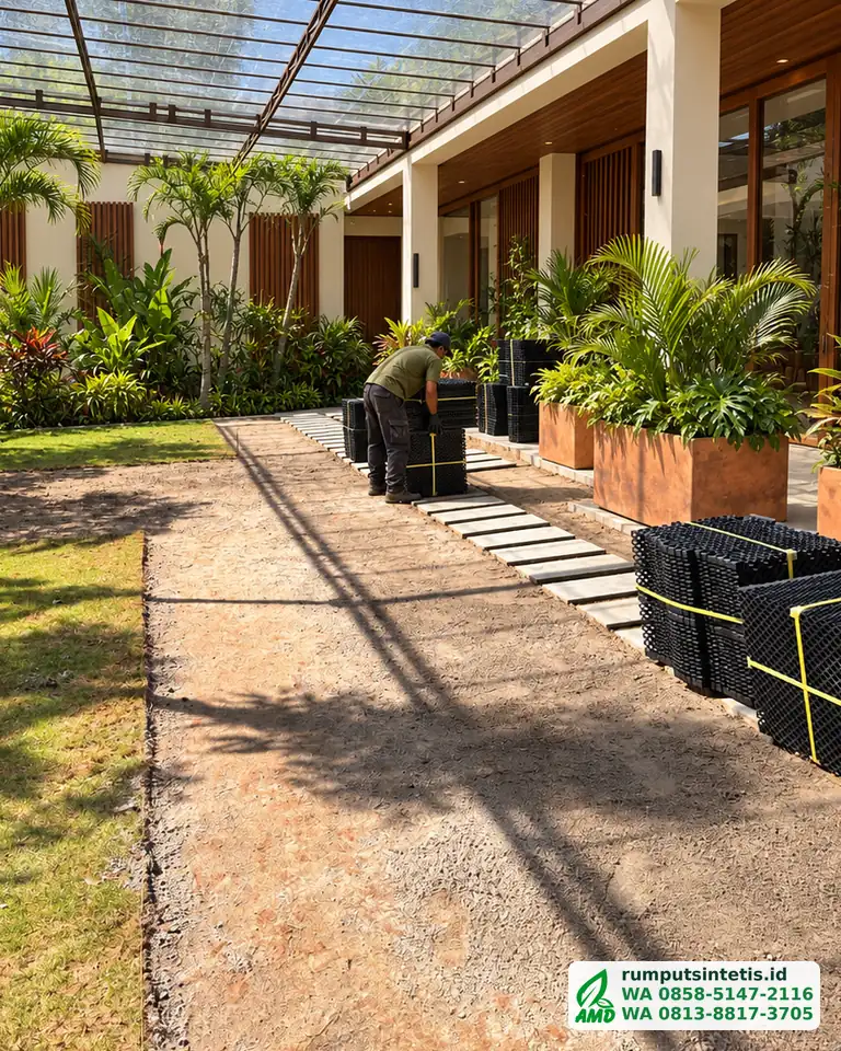 Persiapan lahan taman sebelum pasang rumput sintetis