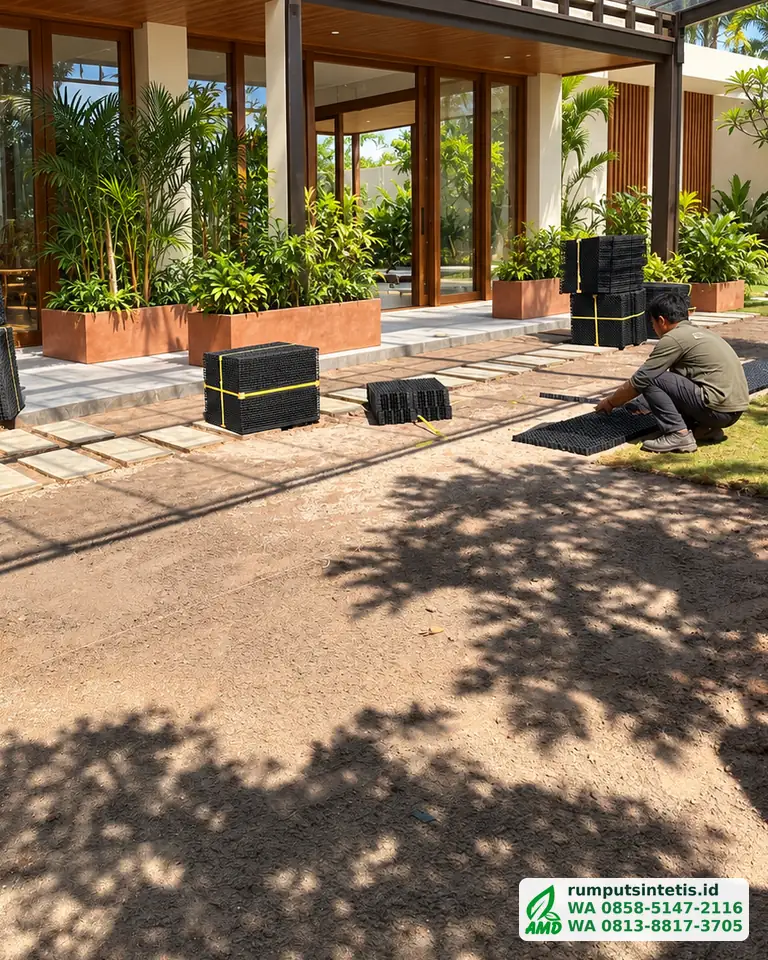 Persiapan lahan taman sebelum rumput sintetis dipasang