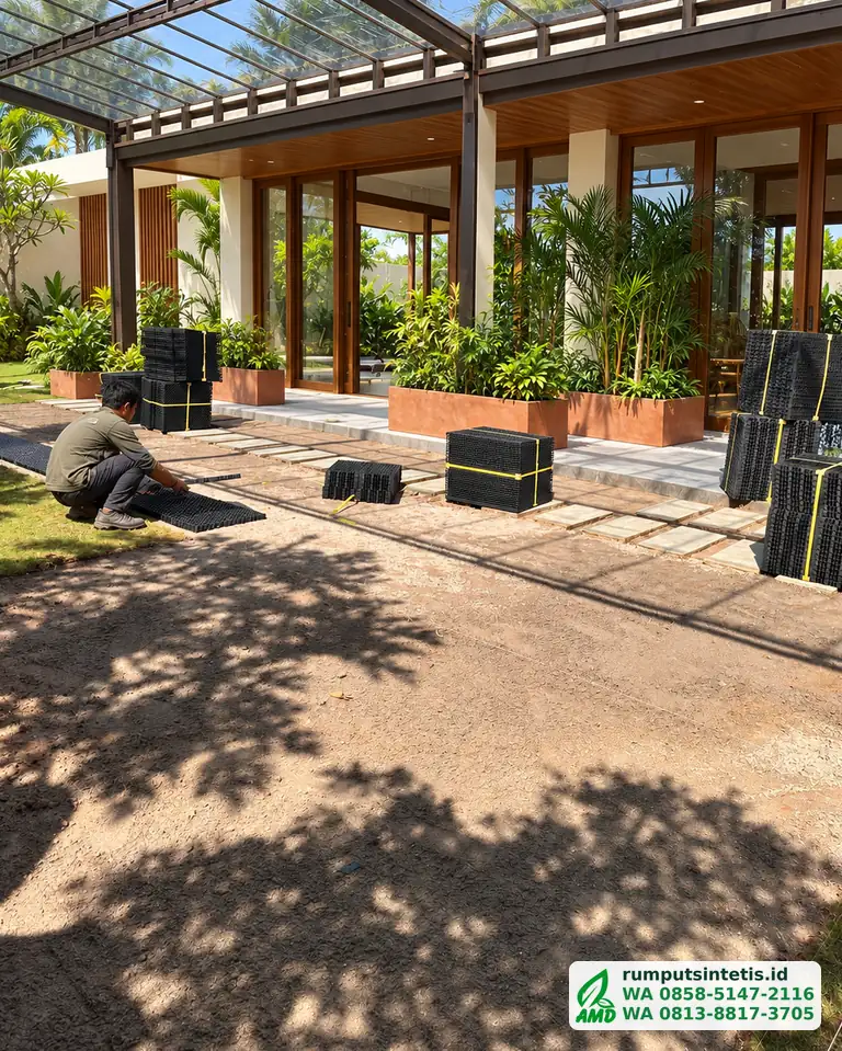Persiapan lahan taman sebelum dipasang rumput sintetis
