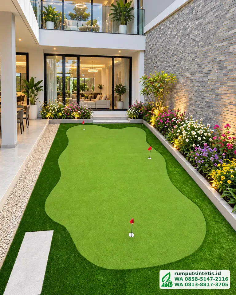 Putting green rumput sintetis dengan bendera di taman