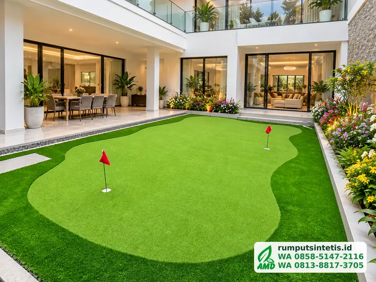Putting green rumput sintetis dengan bendera di taman rumah