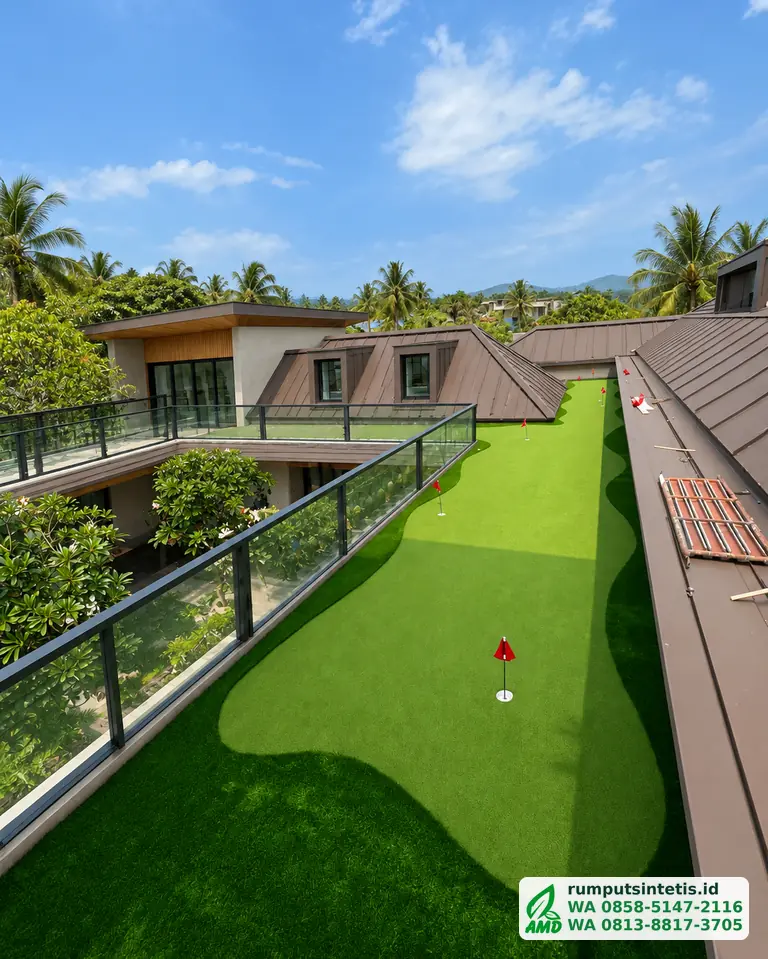 Putting green rumput sintetis di atap dengan pemandangan terbuka