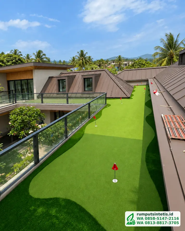 Putting green rumput sintetis di atap rumah