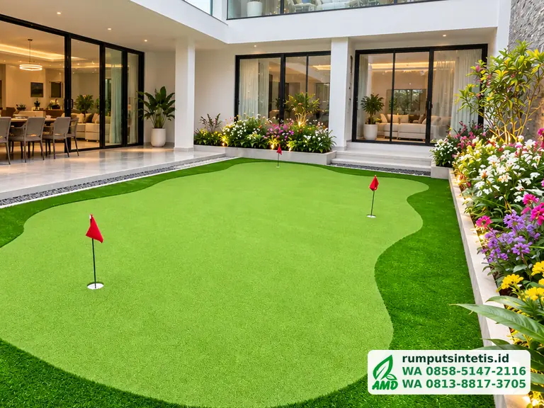 Putting green rumput sintetis di halaman belakang