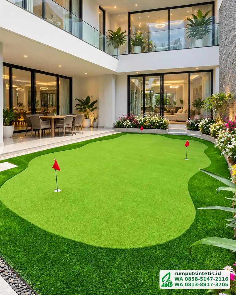 Putting green rumput sintetis di halaman rumah