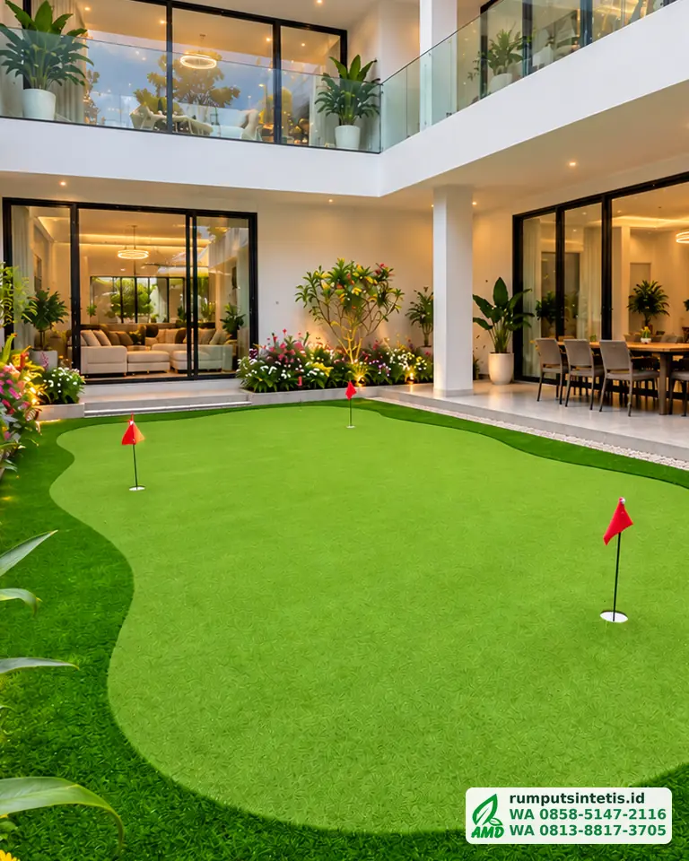 Putting green rumput sintetis di halaman rumah