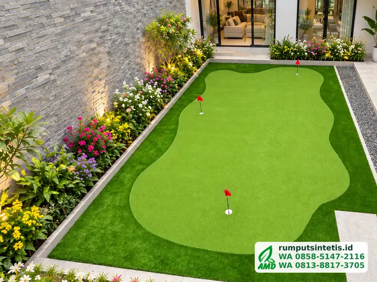 Putting green rumput sintetis di halaman rumah