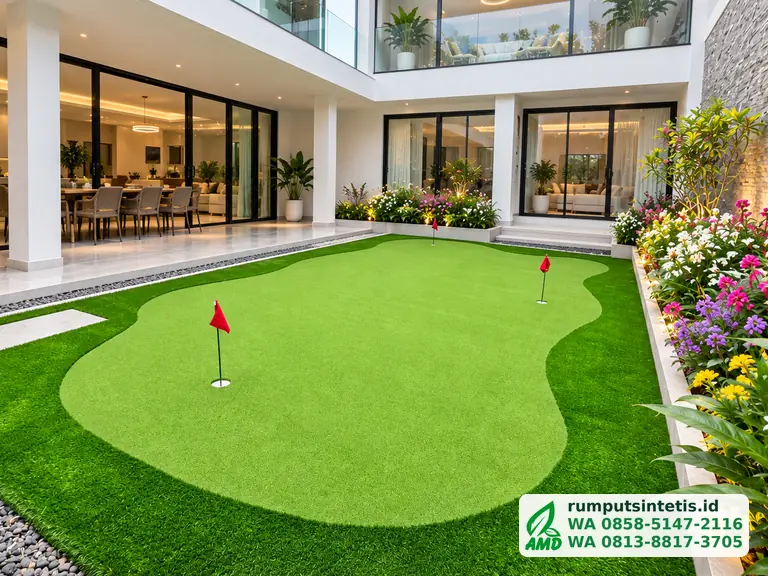 Putting green rumput sintetis di taman rumah