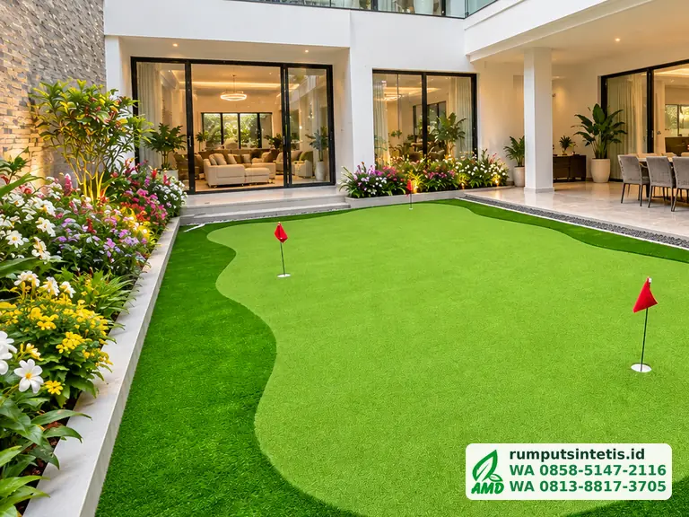 Putting green rumput sintetis di taman rumah