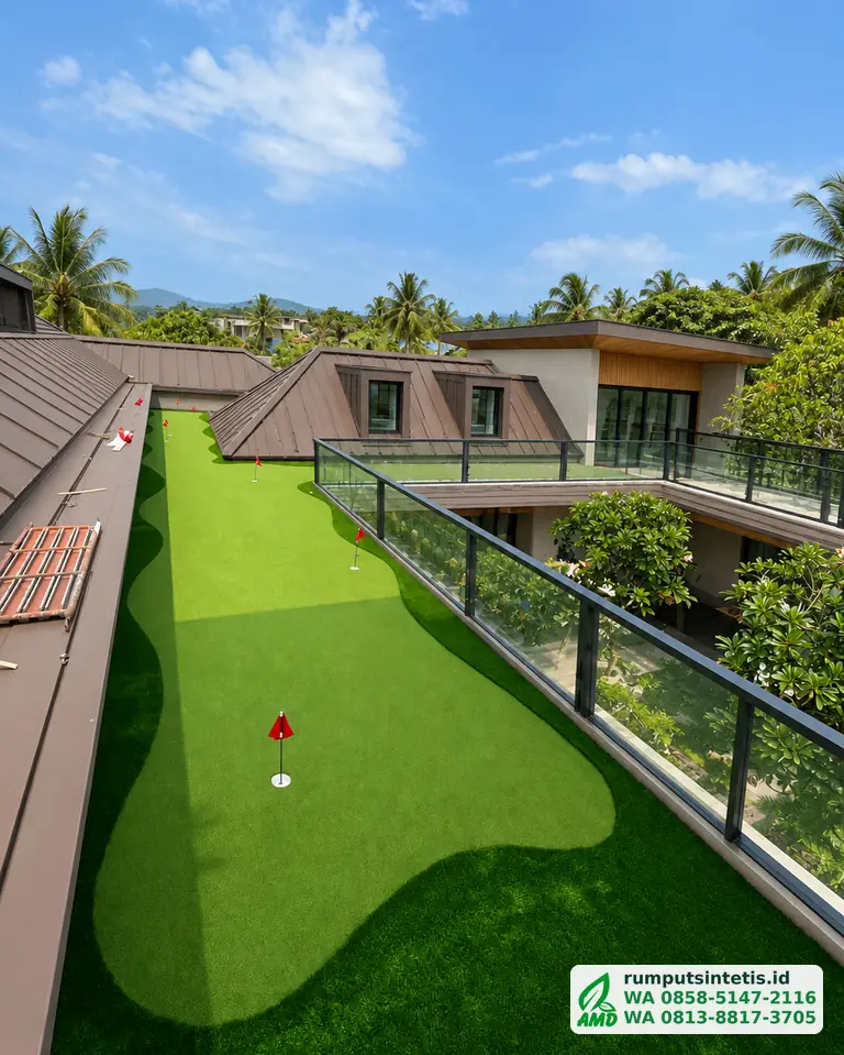 Rooftop dengan putting green rumput sintetis setelah selesai dipasang