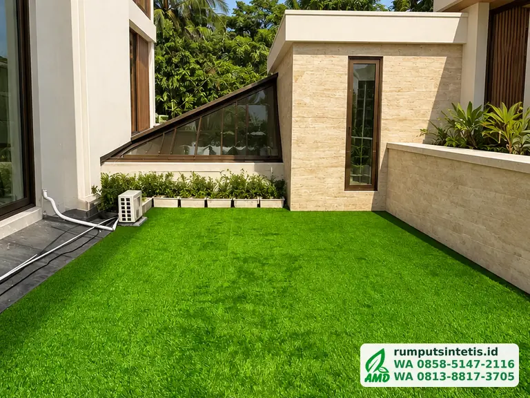 Rumput sintetis Swiss 30 mm terpasang di samping bangunan rumah