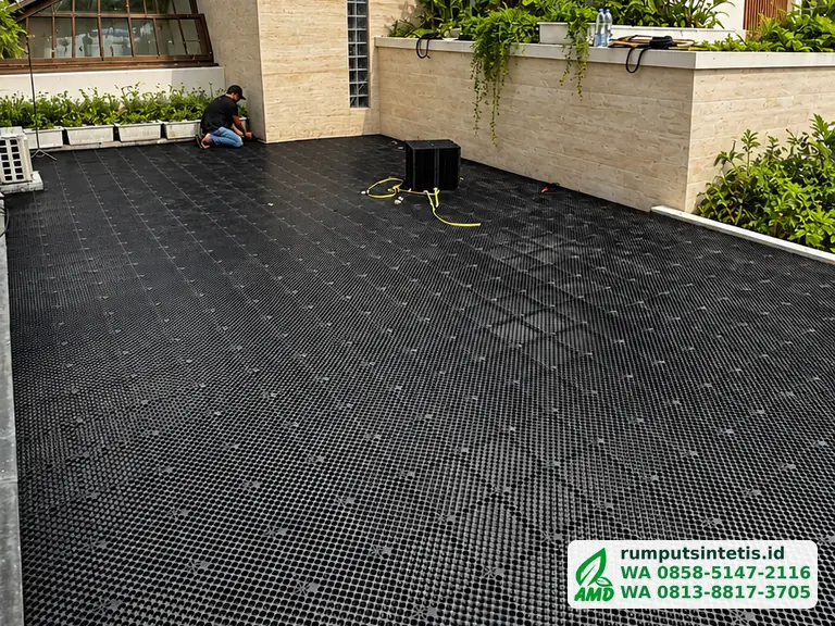 Panel drainage cell disusun menutup dak beton sebelum rumput sintetis digelar