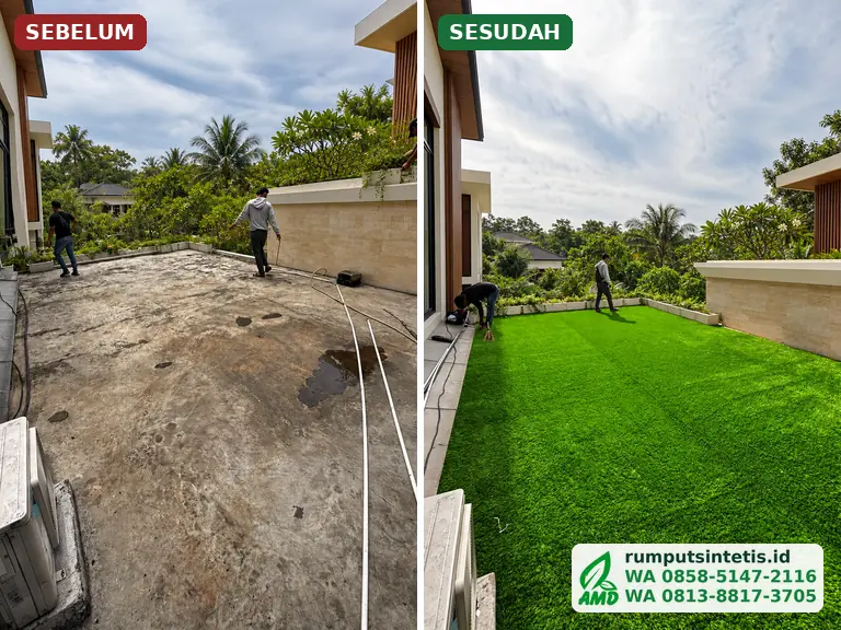 Pasang Rumput Sintetis di Rooftop Bekasi dengan Drainage Cell