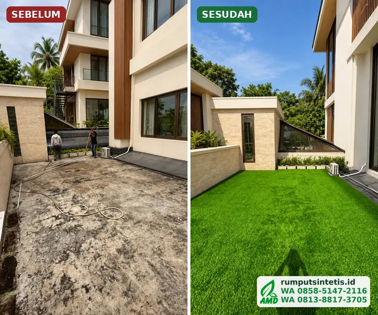 Sisi rooftop dekat bangunan sebelum dan sesudah dipasang rumput sintetis