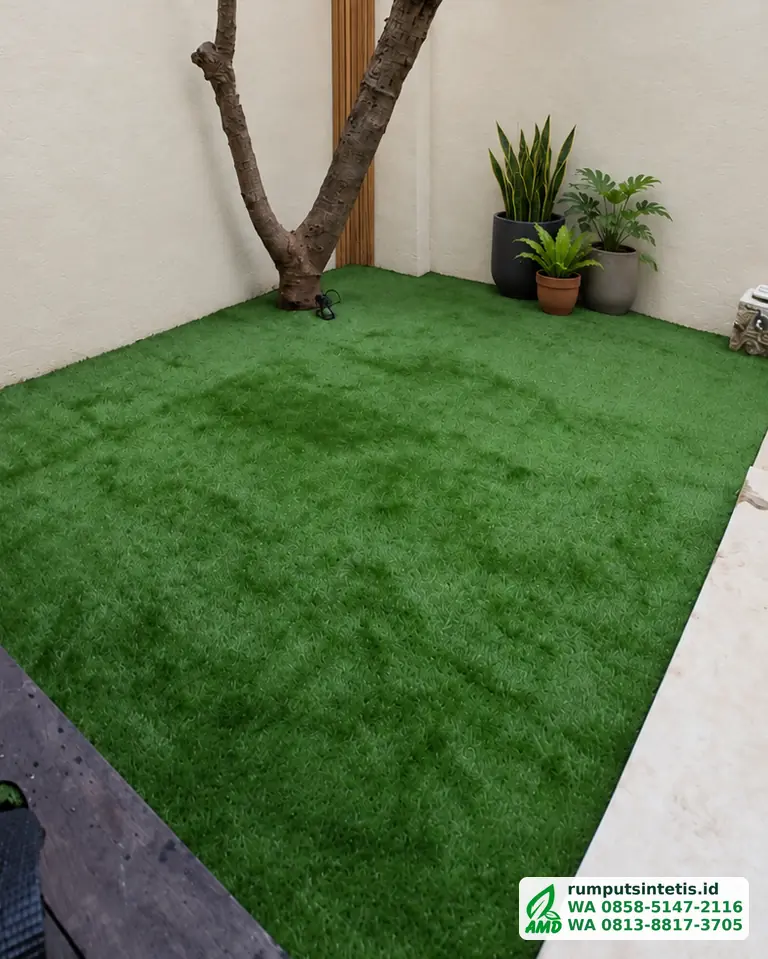 Taman belakang kecil dengan rumput sintetis