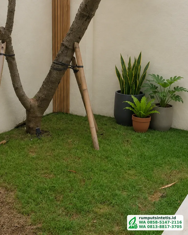 Taman belakang rumah dengan rumput hidup sebelum diganti rumput sintetis