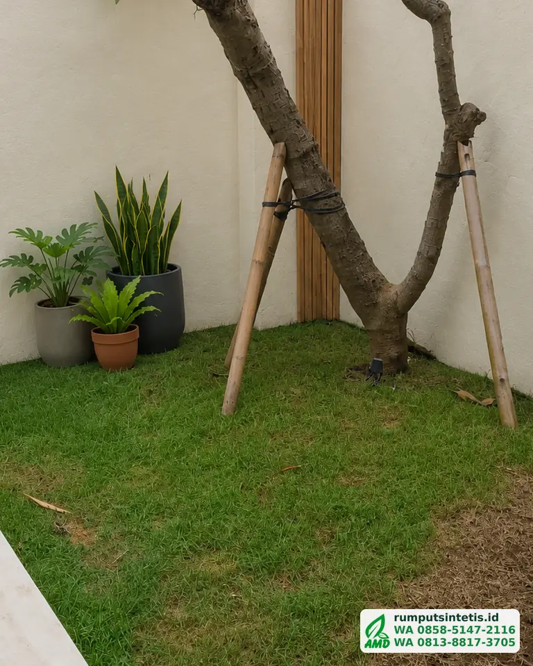 Taman belakang rumah dengan rumput hidup yang mulai rusak sebelum diganti