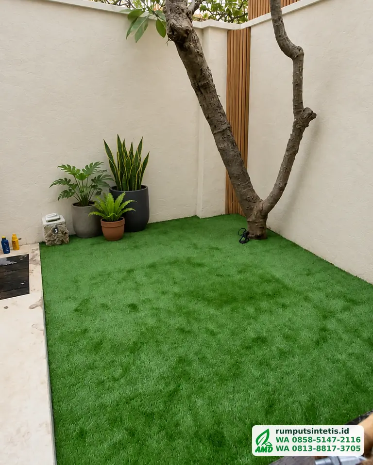 Taman belakang setelah dipasang rumput sintetis