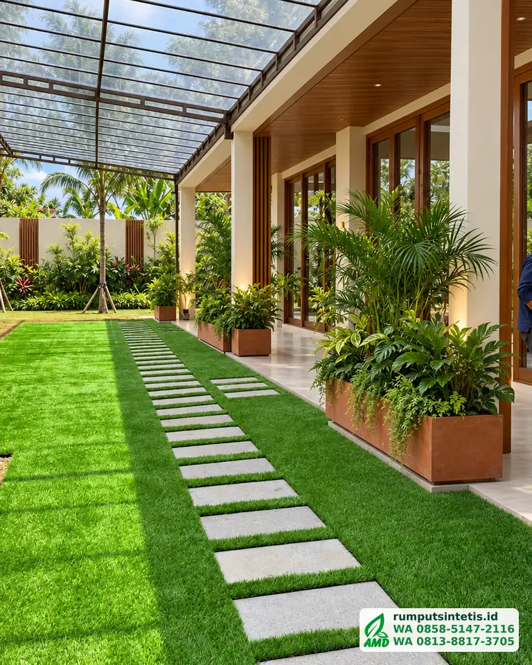 Taman berpergola dengan rumput sintetis dan jalur batu