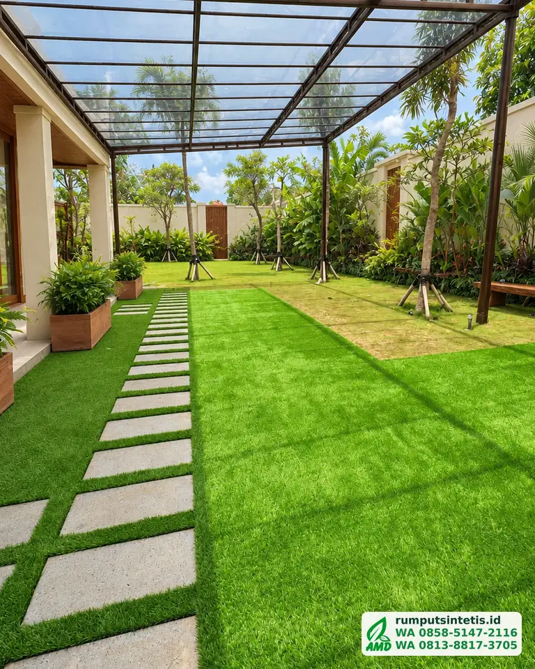 Taman berpergola dengan rumput sintetis dan jalur batu