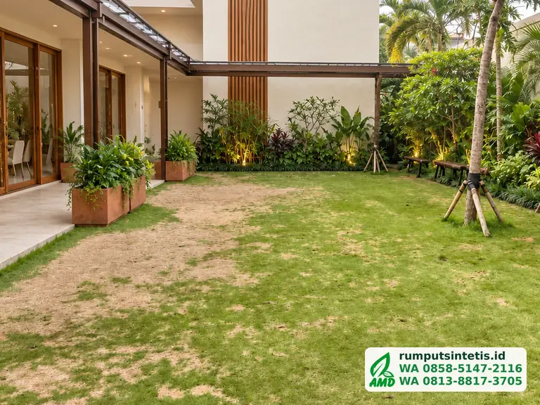 Taman dengan rumput kering sebelum diganti rumput sintetis