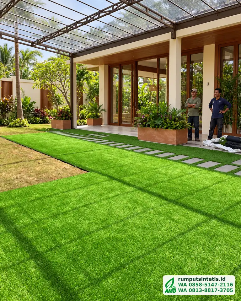 Taman dengan pergola dan rumput sintetis Swiss hasil pemasangan tim kami