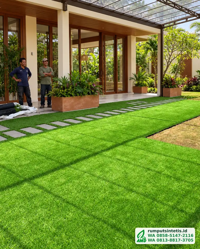 Taman rumah dengan pergola dan rumput sintetis