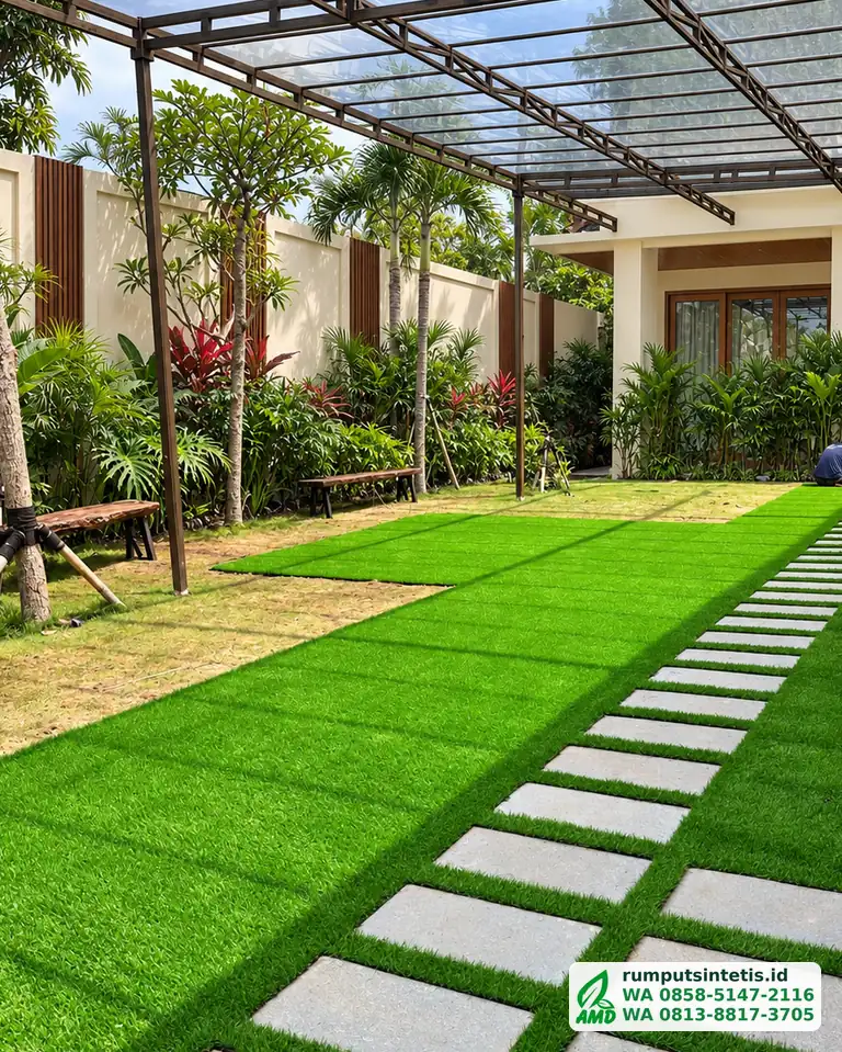 Taman rumah rumput sintetis dengan jalur batu