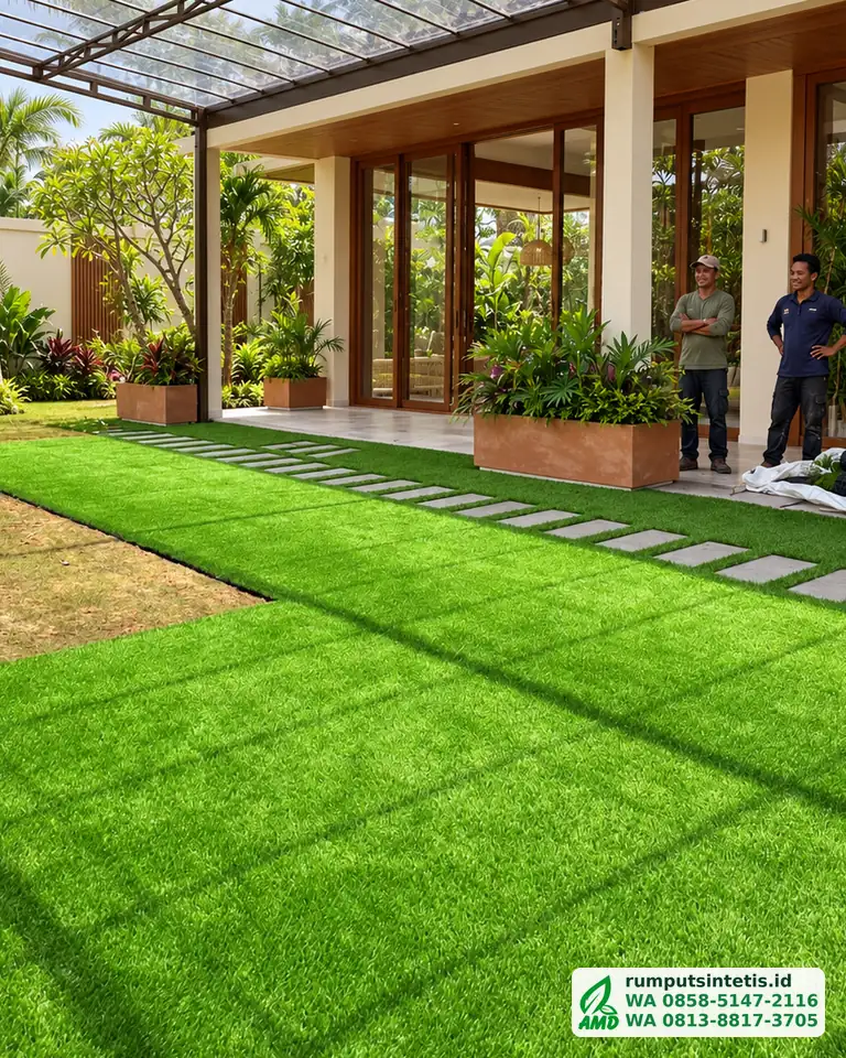 Taman rumah rumput sintetis dengan jalur batu pijakan