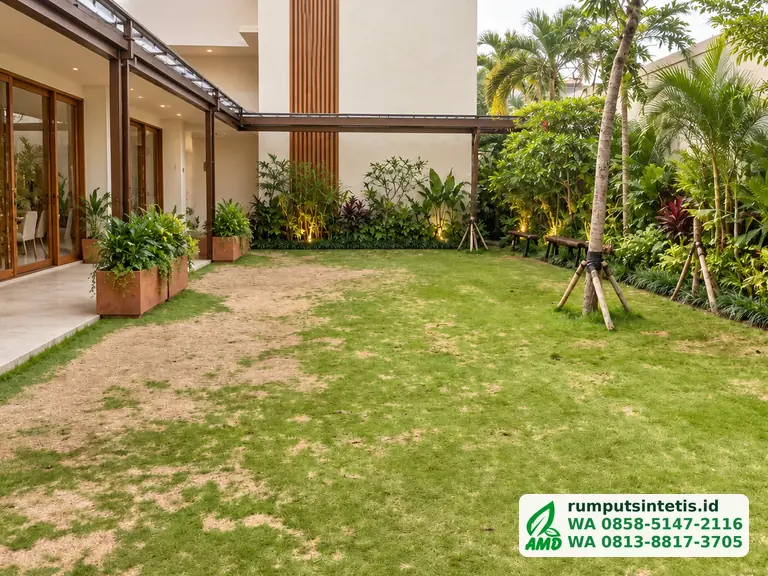 Taman dengan rumput hidup yang menipis sebelum diganti rumput sintetis